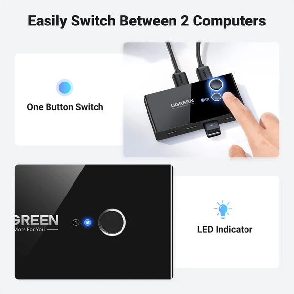 UGREEN 30768 USB 3.0 Sharing 2 PC 4-Port USB device Switch Box Selector with One-Button Swapping and 2 Pack USB A to A Cable