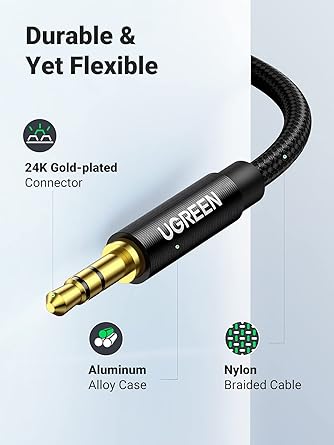 UGREEN 50361 Nylon Braided 3.5MM Aux Stereo Jack Audio Male to Male Cable(1m/Black)