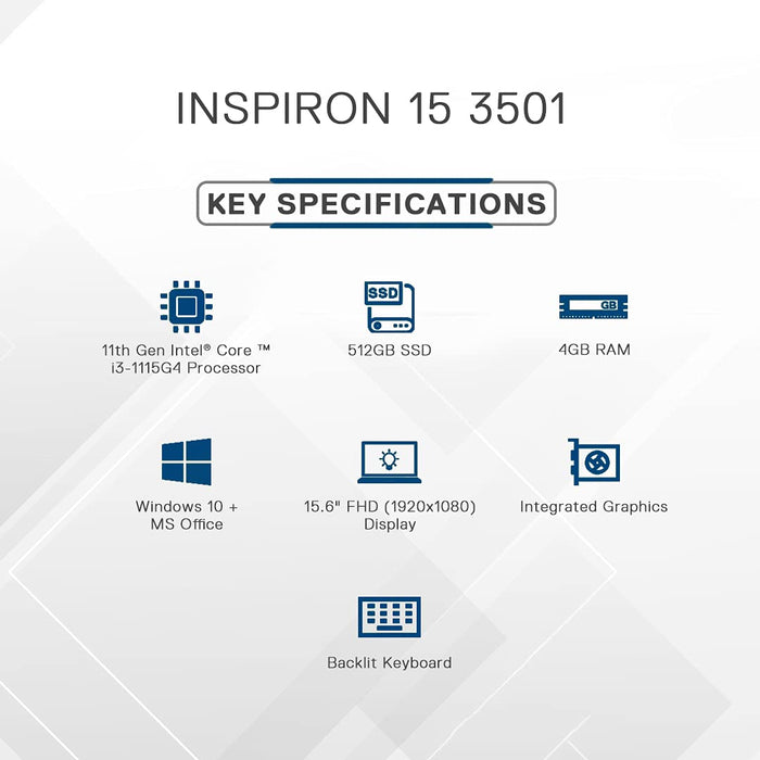 Dell Inspiron 3501 15.6" FHD Display Laptop (i3-1115G4 / 4GB / 512GB SSD / Integrated Graphics / Win 10 + MSO/ Backlit KB