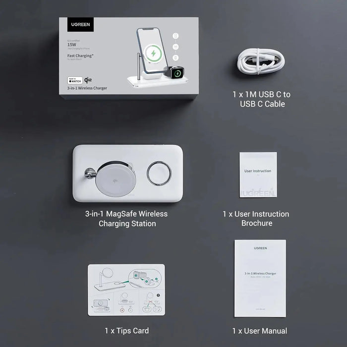 UGREEN 3-in-1 MagSafe Wireless Charging Station 25W Fast Magnetic Charger iPhone 15/14/13/12 AirPods Apple Watch Foldable White 90326 Ugreen