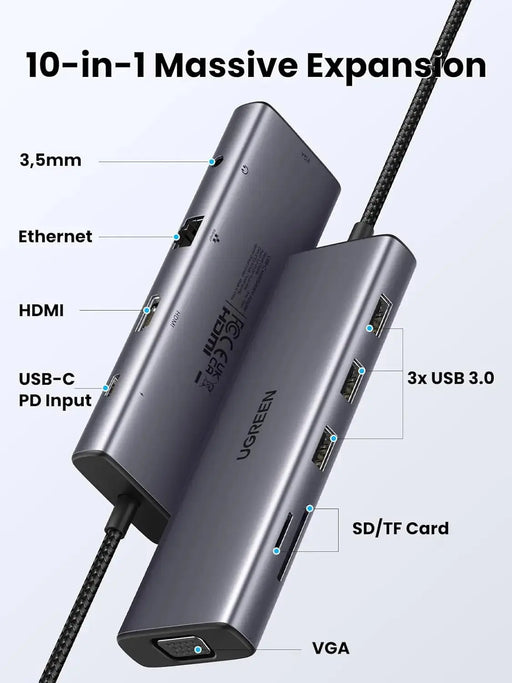 UGREEN 10-in-1 USB-C Docking Station 4K HDMI VGA Dual Monitor 1Gbps Ethernet 100W PD 3x USB 3.0 SD/TF Audio Laptop Tablet 15601 Ugreen