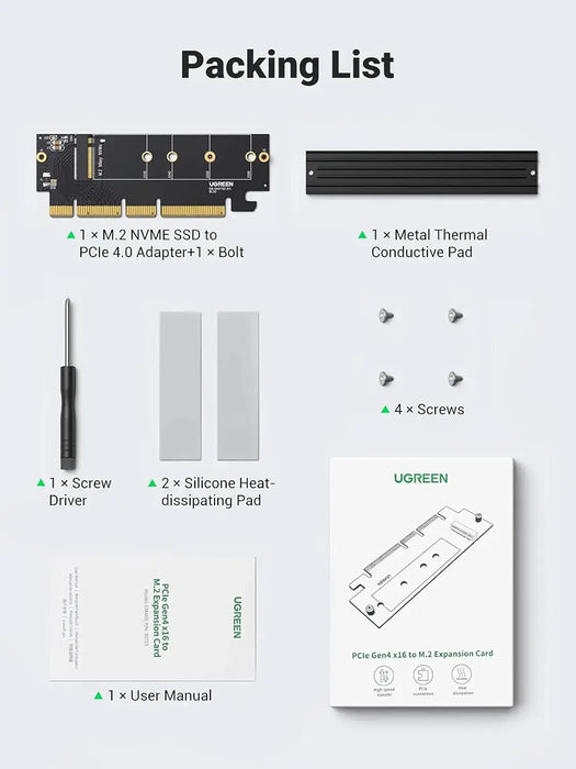 UGREEN NVMe PCIe Adapter Gen4 x16 to M.2 Expansion Card NVMe SSD 2230 2242 2260 2280 64Gbps Desktop PC 30715 Ugreen