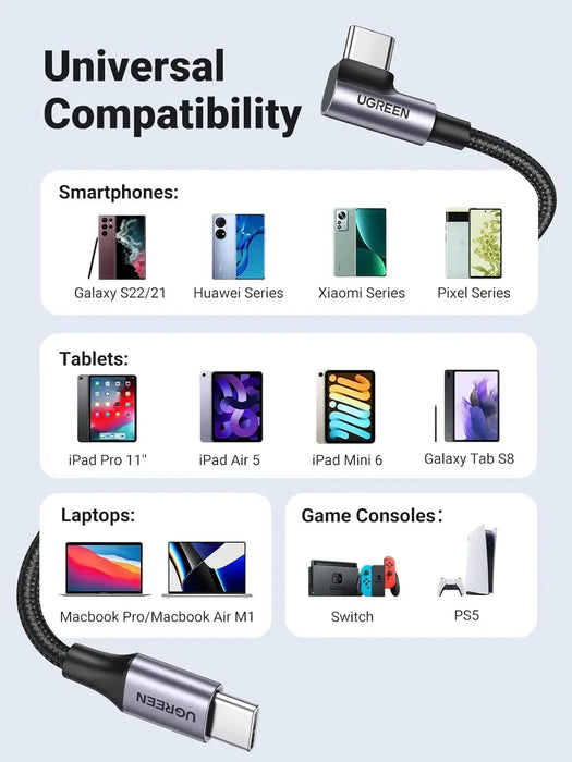UGREEN 1M USB-C to Angled USB-C Cable 60W Round Cable Aluminum Shell Nickel Plated Nylon Braided Gray Black 50123 Ugreen
