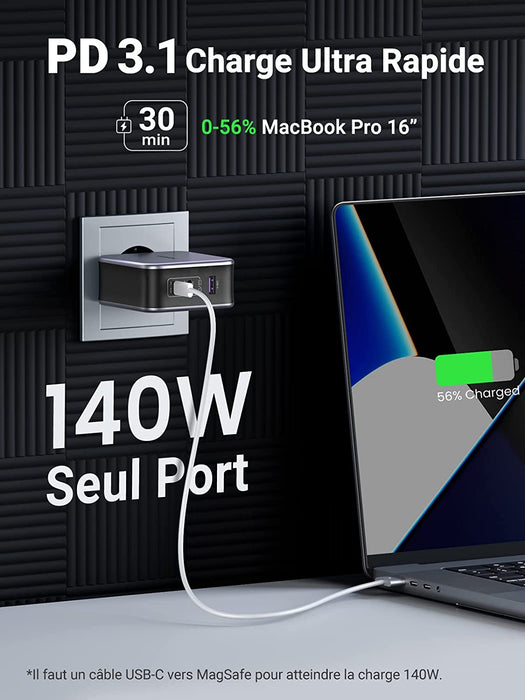 UGREEN 90549 Nexode 140W USB C 3.1 PD GAN 3 Port Charger For Smartphone, MacBooK With 1.5M USB Cable