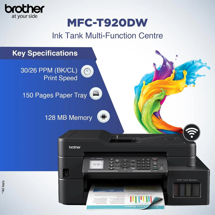 Brother MFC-T920DW Auto Duplex Printer - Print, Scan, Copy, Fax, ADF, WiFi/LAN/USB, Print Up to 15K Pages in Black and 5K in Color Each for (CMY) - TeckPot