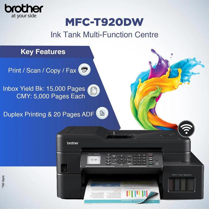 Brother MFC-T920DW Auto Duplex Printer - Print, Scan, Copy, Fax, ADF, WiFi/LAN/USB, Print Up to 15K Pages in Black and 5K in Color Each for (CMY) - TeckPot