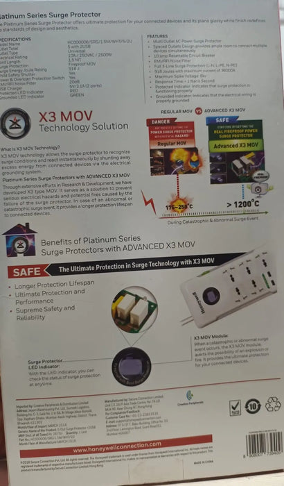 Honeywell 5 Socket +2USB Surge protector TeckPot