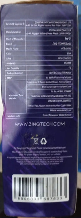Zinq Full HD 1080P 2.1 Megapixel 30 FPS USB Webcam With Built-In Mic-Black(Open Box/Renewed) ZINQ Technologies