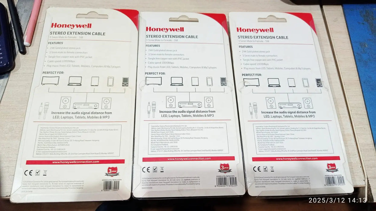 HONEYWELL HC000013 Stereo Extension Cable 3.5mm (Male - Female) 5 Mtr TeckPot