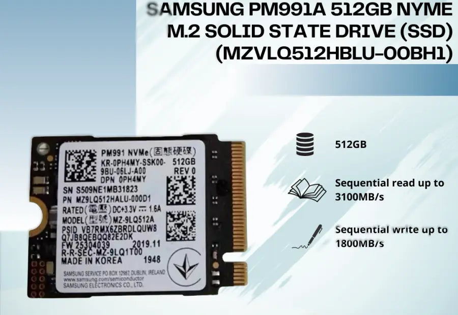 Samsung 512GB SSD M.2 2230 30mm PM991a NVMe PCIe Gen3 x4 MZ9LQ512HBLU Solid State Drive for Surface Pro Steam Deck Dell HP Lenovo Ultrabook Tablet Samsung