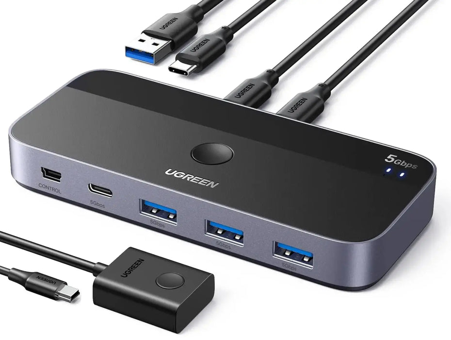 UGREEN 5Gbps USB C Switch 2 PCs Sharing 4 USB Devices for 2 Computers Sharing Keyboard, Mouse, Webcam, Printer with 2 USB C Data Cables and Remote (25098) TeckPot