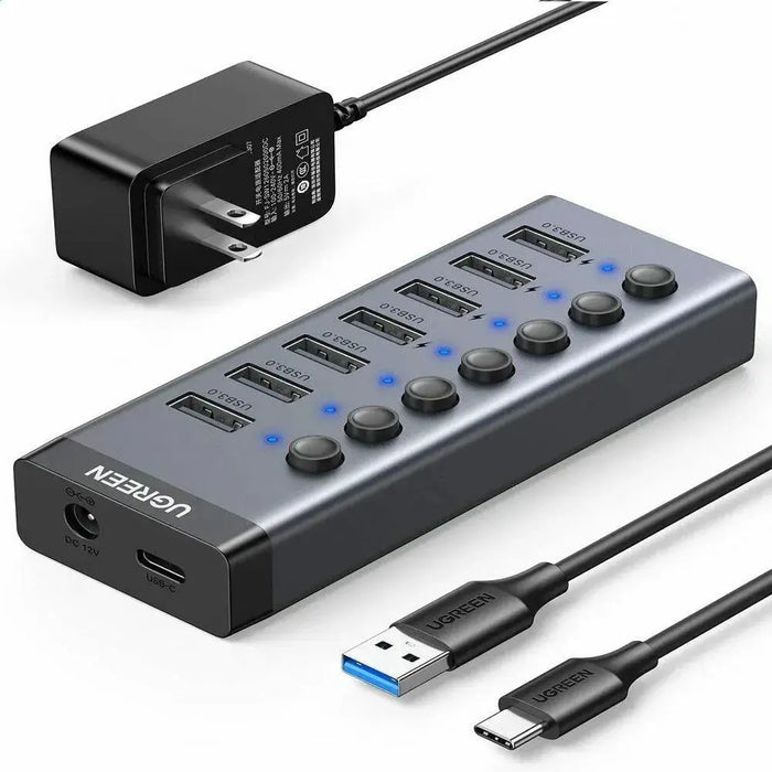 UGREEN 7-Port USB 3.0 Hub Independent Switch 24W Power Supply 12V/2A Charging Data Transfer MacBook Surface Pro7 (90307) Ugreen