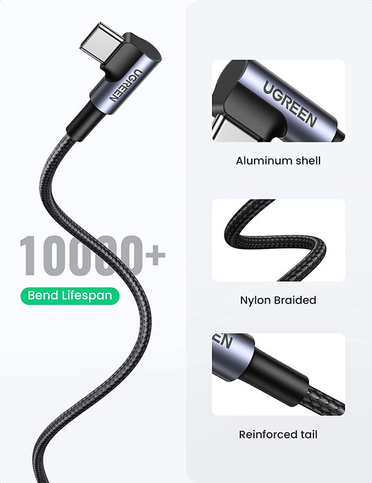 UGREEN 50941 Double Nylon Braided QC 3.0 USB Type C to USB-A Right Angle 90 Degree Fast Charging Male Data Cable-1M