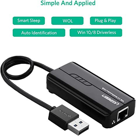UGREEN 20264 RJ45 Ethernet Network Adapter with USB 2.0 Hub,10 100Mbps + 3 USB Ports