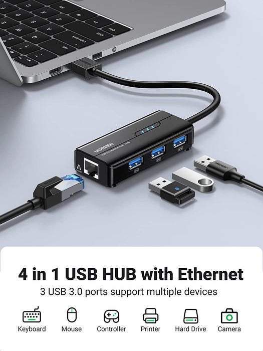 UGREEN 20265, USB 3.0  3 Ports Hub with Network Support Win Mac OS X and Linux (Black)