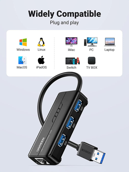 UGREEN 20265, USB 3.0  3 Ports Hub with Network Support Win Mac OS X and Linux (Black)