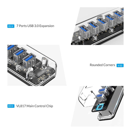 ORICO-F7U-U3-CR-BP Transparent 7 Port USB3.0 ​​Hub With Micro USB Port(Offline USB Charging,OTG,VL817 Chip,100cm Cable)