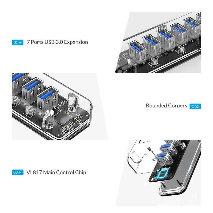 ORICO-F7U-U3-CR-BP Transparent 7 Port USB3.0 Hub With Micro USB Port(Offline USB Charging,OTG,VL817 Chip,100cm Cable)