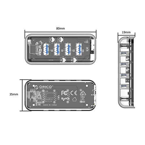 ORICO-F4U-U3-CR-BP USB3.0 Hub 4 Ports Transparent Desktop HUB With Blue Indicator Light & Dual Port Power Supply(1M Cable)