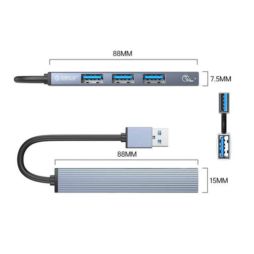ORICO-AH-A13-GY-BP 4 Ports USB-A To USB3.0 HUB(1x USB 3.0, 3x USB 2.0, 0.15m, ALU Grey)