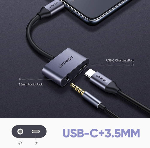 UGREEN 50596, 2 in 1 Type C to Aux Female Audio Adapter Supports 3.5mm Headphone Jack and USB C Aluminum Charging Port