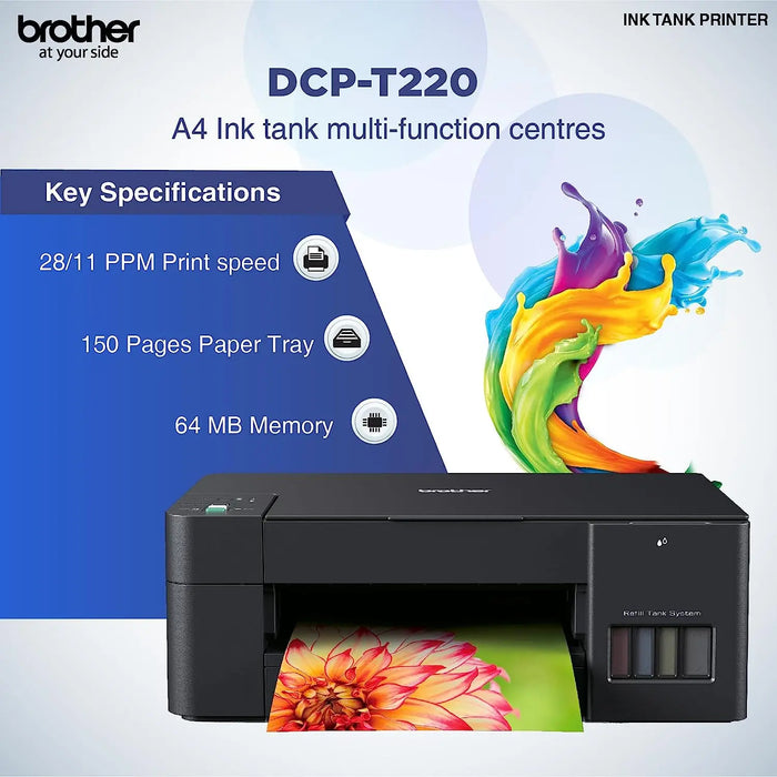 Brother DCP-T220 All-In One Ink Tank Refill System Printer-Black(A4,Scan,Copy,16/9 IPM,64MB Memory)