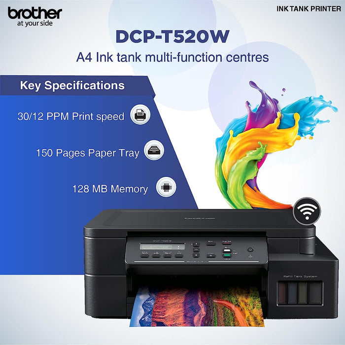 Brother DCP-T520W All-In One Ink Tank Refill System Printer With Built-In-Wireless Technology-Black