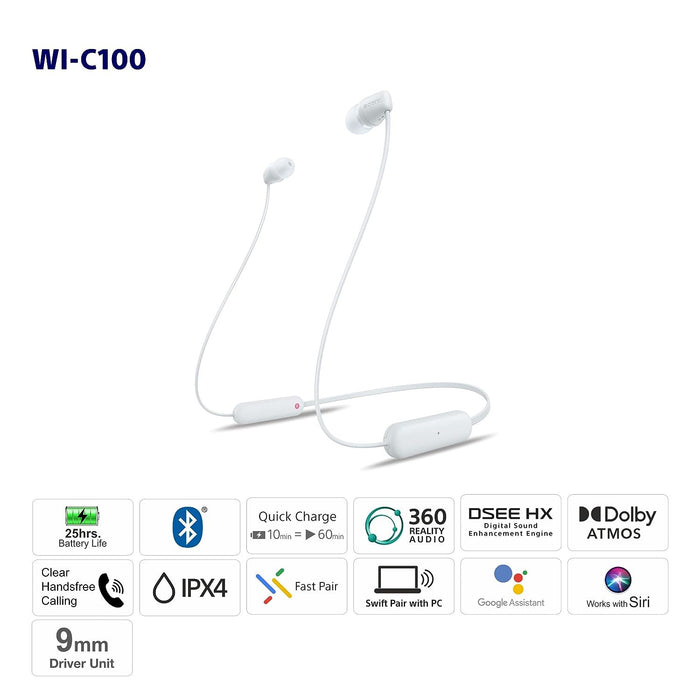 Sony WI-C100 Wireless In-Ear Bluetooth Headset With Mic - White