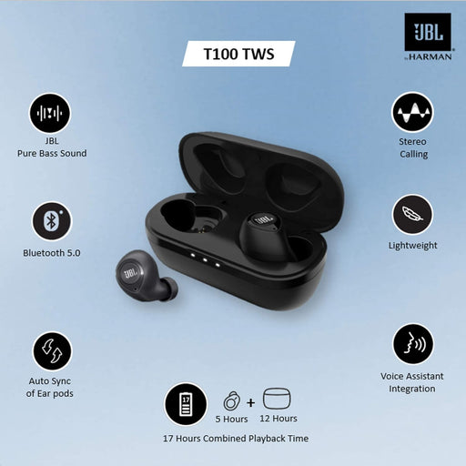 JBL T100TWS True Wireless in-Ear Headphones with 17 Hours Playtime, Stereo Calls & Bluetooth 5.0 (Black)