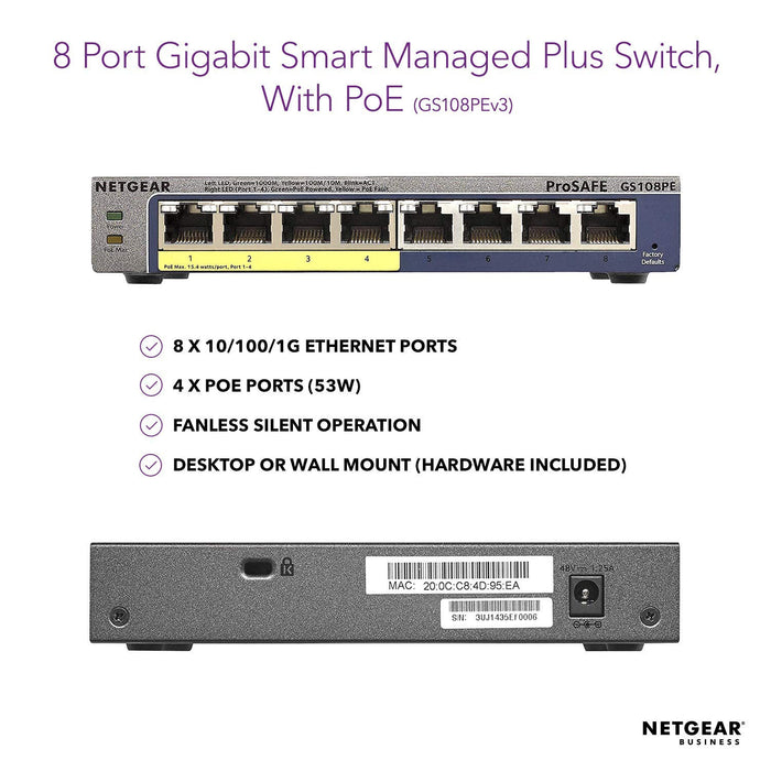 NetGear GS108PE ProSafe Plus Switch 8-Port Gigabit Ethernet Switch with 4-Port PoE