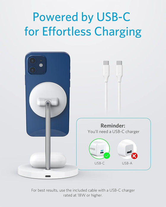 Anker PowerWave Magnetic 2-in-1 Wireless Charging Stand Lite – White/A2543H21