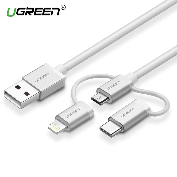 UGREEN 3-in-1 USB Cable 1.5M USB 2.0 Multifunction Braided USB A to USB C Lightning Micro USB Charging Data Cable (50203)