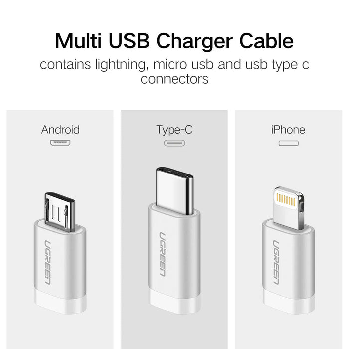 UGREEN 3-in-1 USB Cable 1.5M USB 2.0 Multifunction Braided USB A to USB C Lightning Micro USB Charging Data Cable (50203)