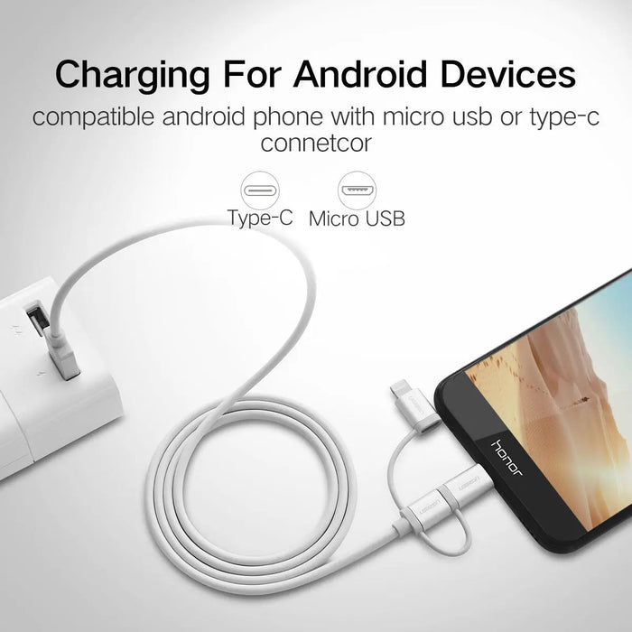 UGREEN 3-in-1 USB Cable 1.5M USB 2.0 Multifunction Braided USB A to USB C Lightning Micro USB Charging Data Cable (50203)