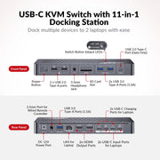 AV Access KD-E20 USB-C KVM Switch Docking Station for 2 Laptops & 4K Dual Monitor, 11-in-1 Design (100W PD), 1G Ethernet Port, EDID Emulation AV Access