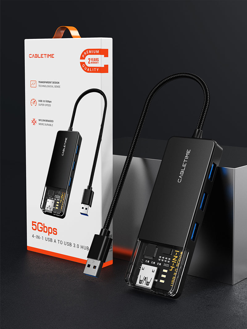 CABLETIME 4-Port USB-A 3.0 Hub SuperSpeed 5Gbps with USB-C Power Supply | CT-HUBT1-PB / CT-HUBT2-PB