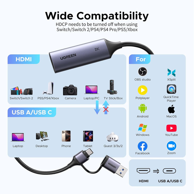 UGREEN 15389 HDMI video capture card wide compatibility
