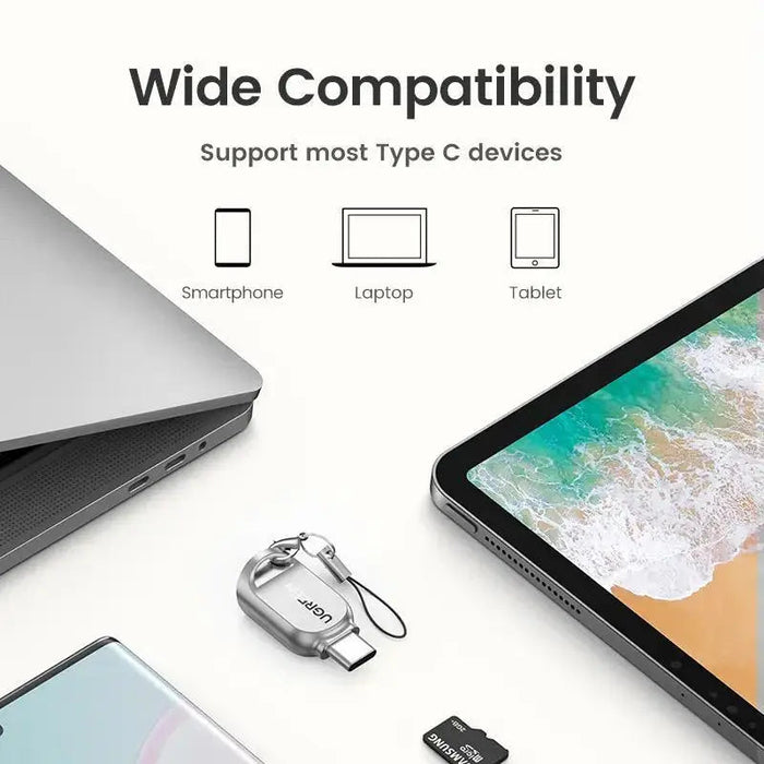 UGREEN USB-C Micro SD Card Reader OTG TF Adapter Zinc Alloy Android iPadOS Windows MacOS Linux Silver (15513)