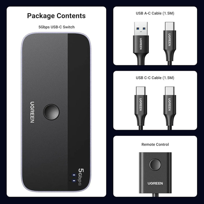 UGREEN USB C Switch 5Gbps 2 PC Share 4 USB Device Computer Keyboard Mouse Webcam Printer 2 USB-C Cable Remote Control (25098)