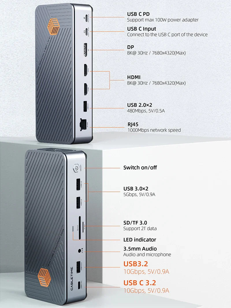 Cabletime 8K USB Laptop Docking Station Dual HDMI Three Monitors for ASUS Dell MacBook | CT-DK141-AG