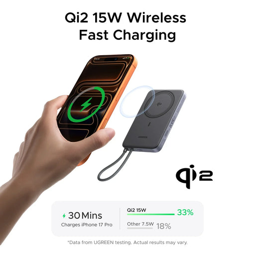 UGREEN MagFlow Air 75983 10000mAh Qi2 magnetic power bank, lunar white, Qi2 15W wireless fast charging