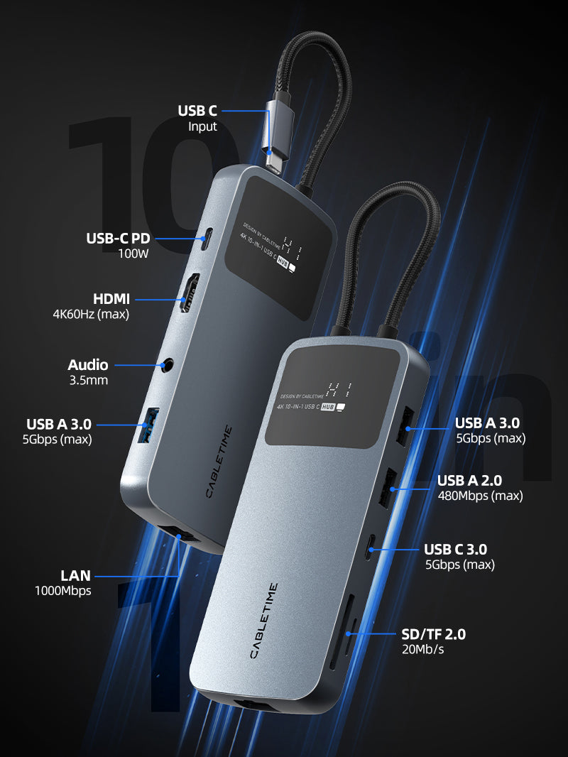 CABLETIME 10-in-1 USB-C Hub Multiport Adapter with 4K60Hz HDMI & Ethernet