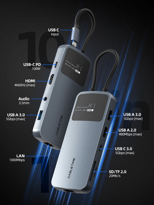 CABLETIME 10-in-1 USB-C Hub Multiport Adapter with 4K60Hz HDMI & Ethernet