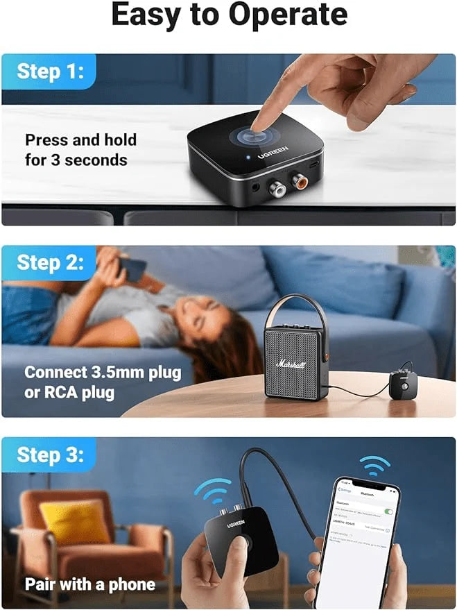 UGREEN Bluetooth receiver connected to a home stereo system