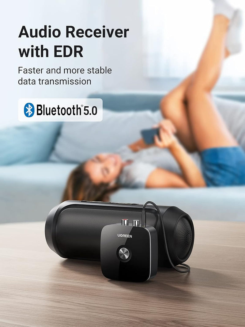 UGREEN CM123 Bluetooth receiver showing up to 10m wireless range
