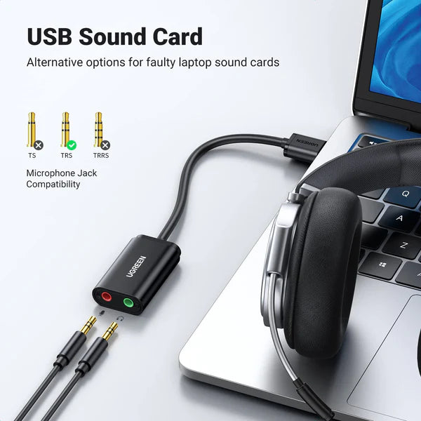UGREEN 30724 USB Audio Adapter External Stereo Sound Card With 3.5mm Headphone And Microphone Jack (Black)