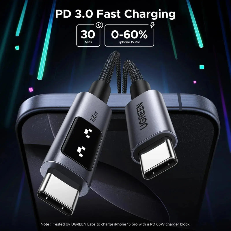 UGREEN USB C to USB C Cable 0.5M 1.6ft 100W Fast Charging Type-C LED Display iPhone 16 Pro Max 15 MacBook iPad Galaxy (45612) Ugreen