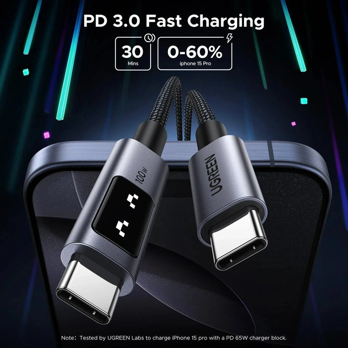 UGREEN USB C to USB C Cable 0.5M 1.6ft 100W Fast Charging Type-C LED Display iPhone 16 Pro Max 15 MacBook iPad Galaxy (45612)