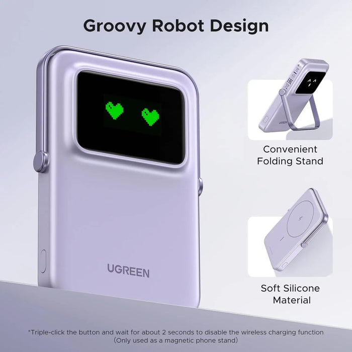 UGREEN Uno MagSafe Power Bank 5000mAh Magnetic 20W Fast Charging Foldable Stand Emoji TFT Display iPhone 16 15 14 Purple (35606)