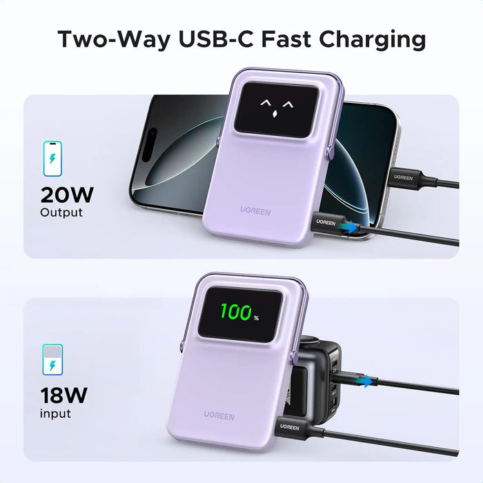 UGREEN Uno MagSafe Power Bank 5000mAh Magnetic 20W Fast Charging Foldable Stand Emoji TFT Display iPhone 16 15 14 Purple (35606)